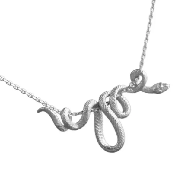 Silver Coiled Hanging Serpent Snake Pendant Gothic Biker Punk Necklace - Picture 5 of 7